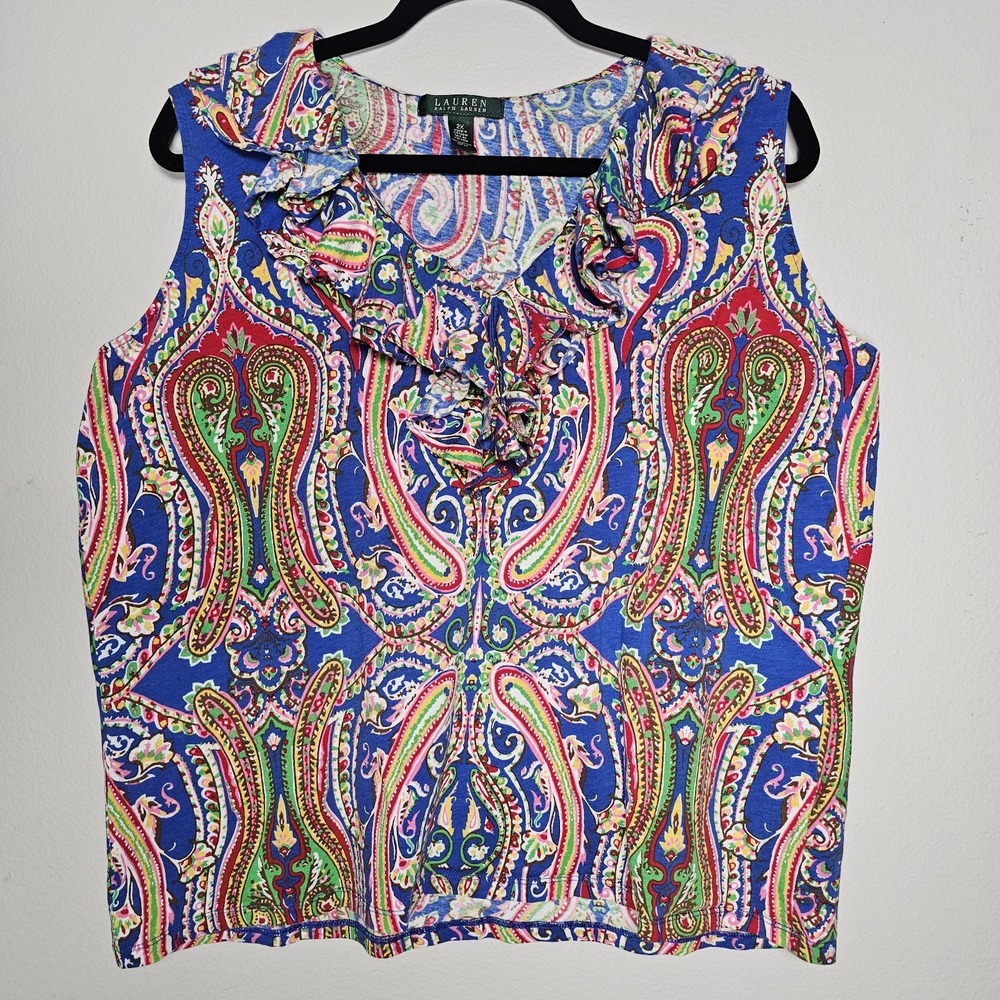 Lauren Ralph Lauren Paisley Womens 2X Sleeveless‎ Top Ruffle V-Neck Summer